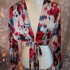 ~Acoa Large Floral Long Sleeve Crop Top With Tie in Front